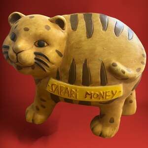 Carol Eldridge Clay Piggy Bank Safari Money Tiger Cottage Jungle- No Closure!